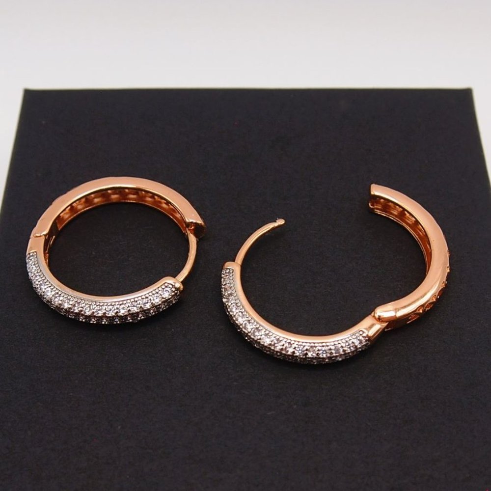 Stunning 18k. Rose Gold Over Sterling Silver 25mm Round Hoop Earrings With CZ's - Picture 3 of 8